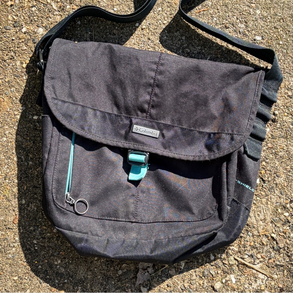 Columbia Black Messenger Bag with Teal Accent